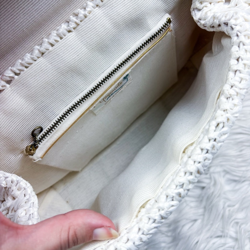 Vintage 60s Straw Woven Bamboo Handle Satchel Purse Bag White Cottagecore Resort - Picture 10 of 10